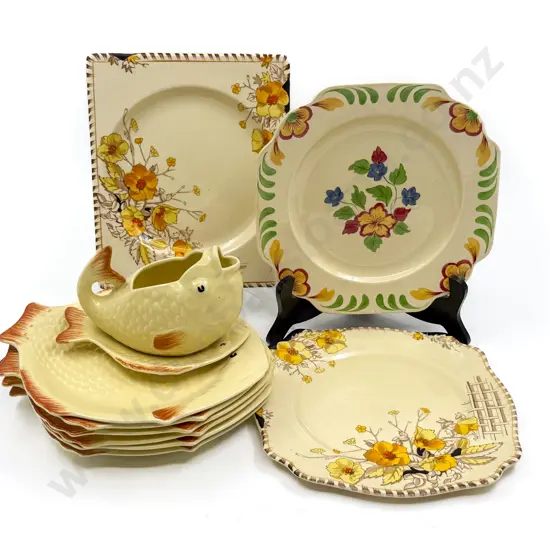 Part Shorters Fish Serving Ware Set & Three Vintage Sandwich Plates