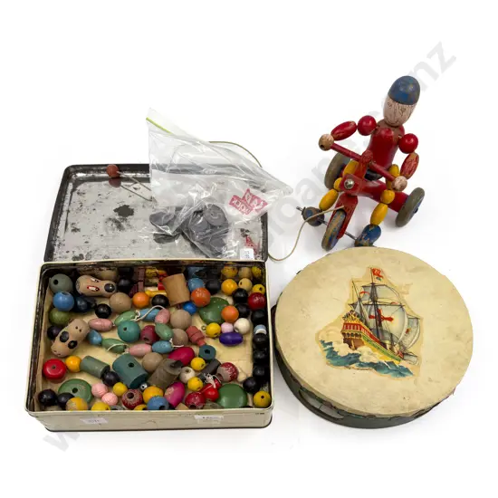 Tin of Assorted Vintage Wooden Beads & Toy etc