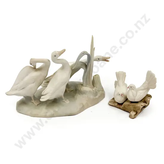 Lladro Bisque Geese Figure Group & Capodimonte Dove Figure Group