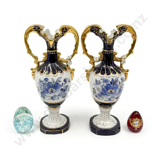 Pair Royal Dux Urn Vases & Two Paperweights