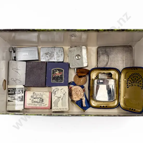 Collection Vintage Lighters Matchbox Covers Cig Case Two Medals & Pocket Hand Warmer