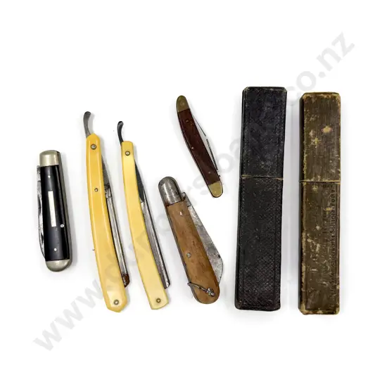 Three Vintage Pocket Knives and Two Cut Throat Razors
