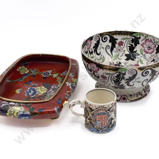 S Hancock & Sons Table Bowl & Ironstone Footed Fruit Bowl & Burleighware Mug (All A/F)