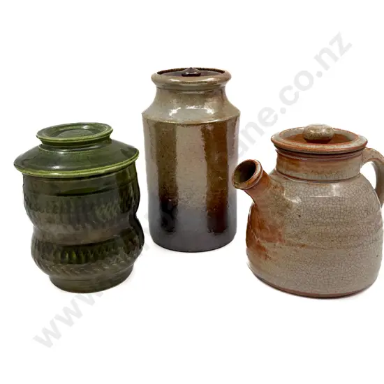 Two NZ Pottery Lidded Canisters & Michael Trumic Teapot