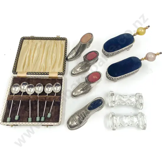 Boxed Set S/P Coffee Spoons with Crystal Knife Rests & Six Vintage Pin Cushions