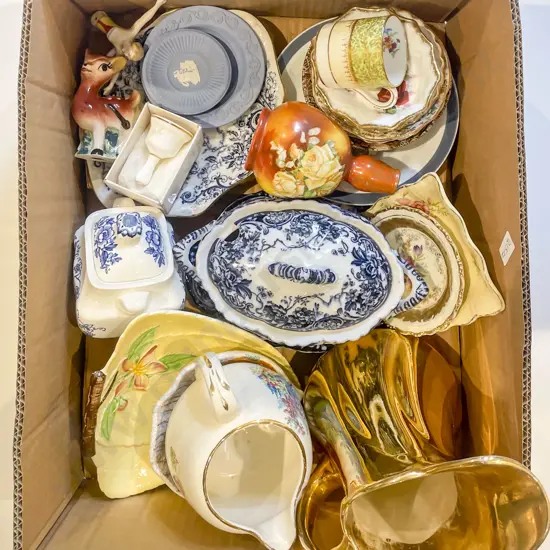 Blue & White Sauce Tureen on Stand with Fancy Dishes & Assorted