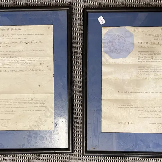 Pair of Framed Circa 1875 Canadian Colonial Land Deeds from the Province of Ontario A/F