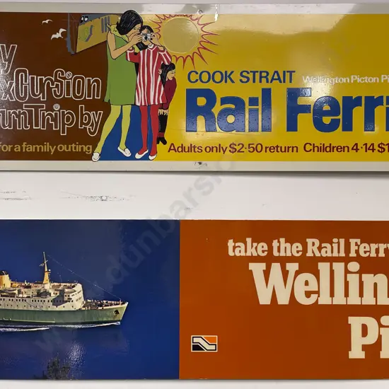 Vintage NZ Cook Strait Rail Ferries Wellington to Picton Advertisement on Metal Panel & Other Similar Example