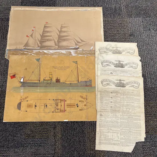 Three Antique Wellington Independent Newspaper Pages & Antique Screw Steamer Diagram & Other