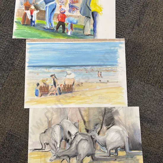 Three Unframed Les Finch Pastel on Paper Artworks