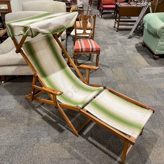 Vintage NZ Patent Native Timber Folding Sun Lounger with original Canvas