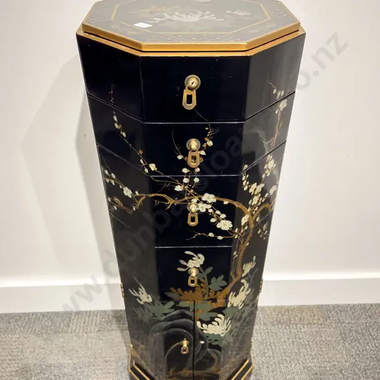 Chinese Heavy Lacquered & Decorated Whatnot Cabinet