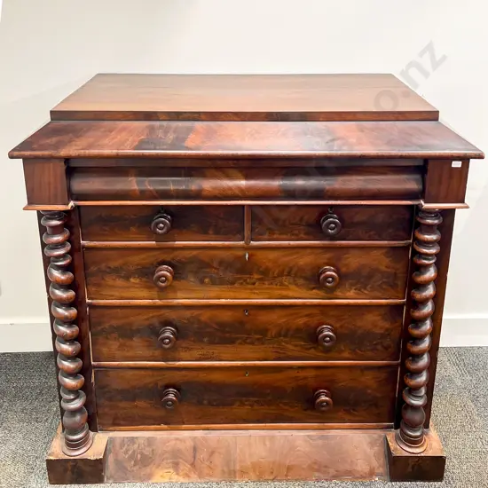 Victorian Flame Mahogany Scotch Chest with Barley Twist Column Supports