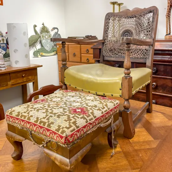 Early C20th Fireside Chair with Later Footstool - Damage to Back Caning