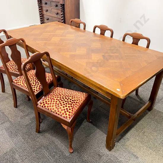 Mid C20th Refectory Design Parquetry Inlaid Dining Table with Six Non-Matching Dining Chairs