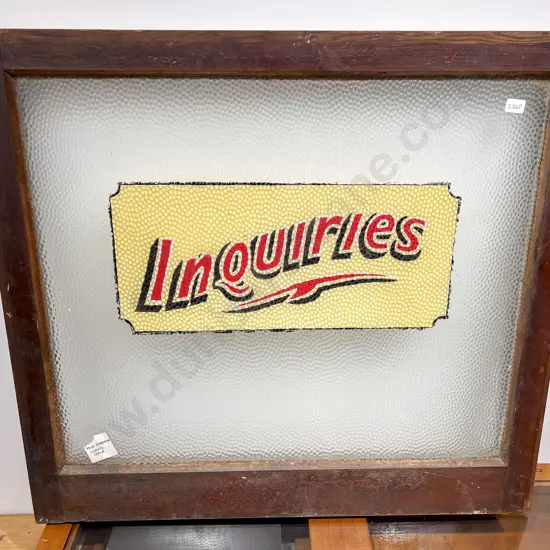 Vintage Glass Door Panel Painted "Enquires" From Ashburton Council Office