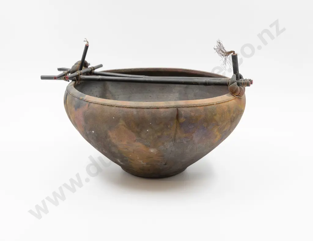 David Westmeier Raku Fired Bowl with Bamboo Handle Image 1++