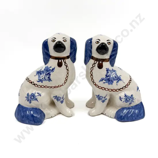 Pair of Blue & White Staffordshire Mantle Dogs