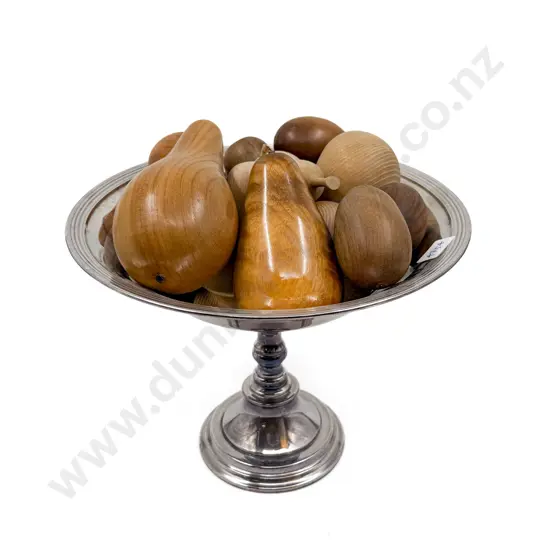 Quantity of Turned Wood Fruit on Plated Comport