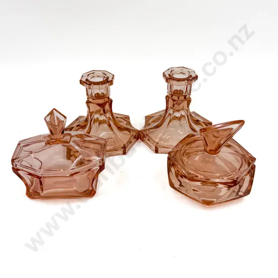 Two Depression Glass Powder Bowl & Pair of Candlesticks