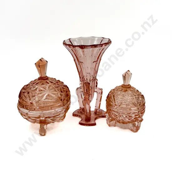 Graduation Pair of Pink Depression Glass Powder Bowls & Deco Style Trumpet Vase
