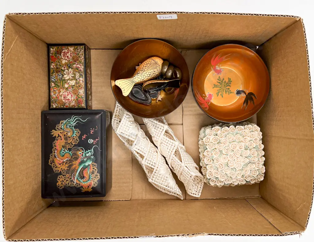 Small Ivory Picture Frame with Assorted Lacquer Boxes etc Image 1++