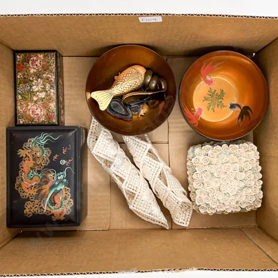 Small Ivory Picture Frame with Assorted Lacquer Boxes etc