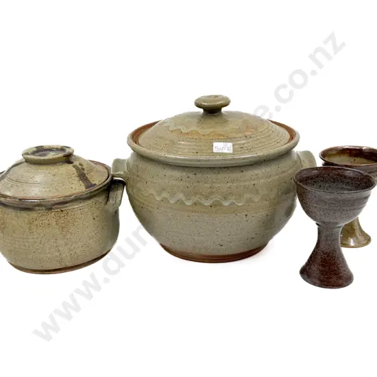 Two Pottery Casserole Dishes & Two Goblets