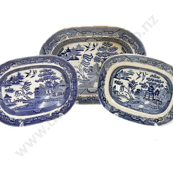 Three Blue & White Willow Pattern Ashets