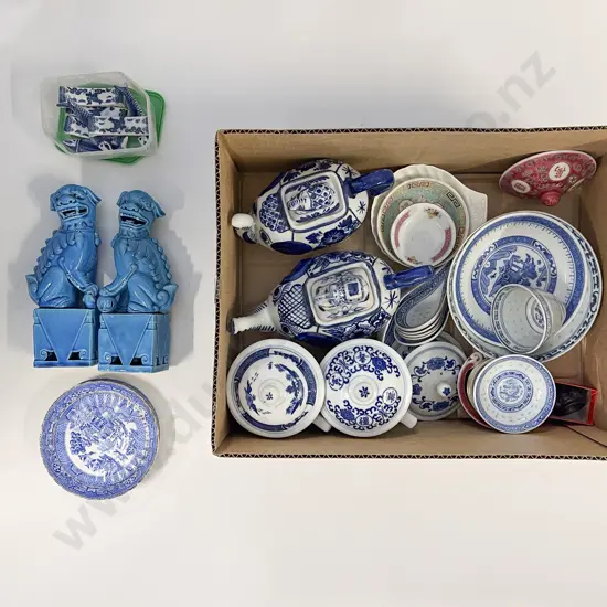 Pair of Turquoise Foo Dogs (Faults/Repair) & Assorted Blue & White China
