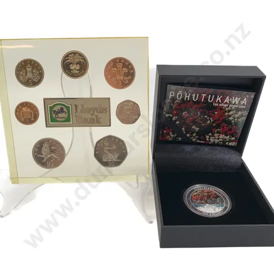 NZ 2021 Pohutukawa 1oz Silver Proof Coin and Lloyds Bank Coin Encased Resin Desk Stand