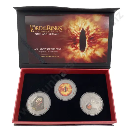 Boxed Lord of the Rings 20th Anniversary A Shadow in the East Three 1oz Silver Proof Coins