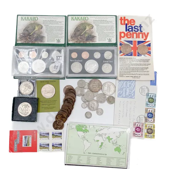 NZ Kakapo Proof Coin Set x2 with assorted coins and FDC Stamps