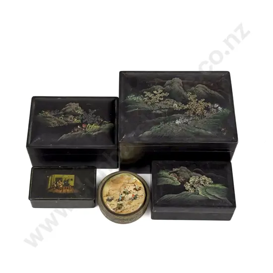 Victorian Snuff Box together with Graduated Set of Three Lacquer Boxes & Circular Trinket Box