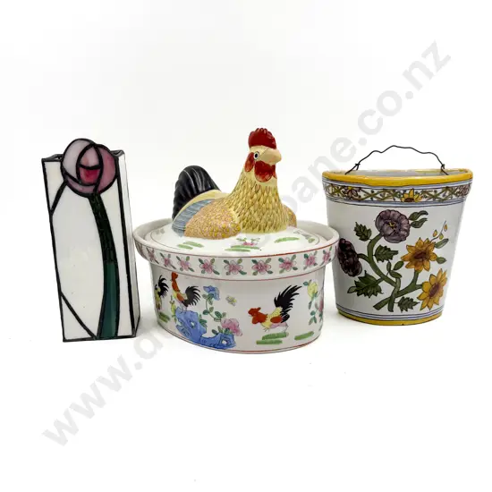 Chicken Tureen together with Wall Pocket & Leadlight Glass Vase