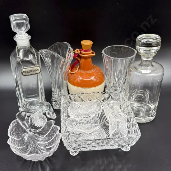 Two Glass Decanters with Stoneware Decanter & Assorted Glass & Crystal