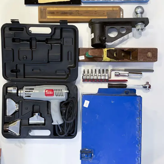 Large Tool Box with Assorted incl Tap & Die Set & Cased Heat Gun including new Tow Bar set
