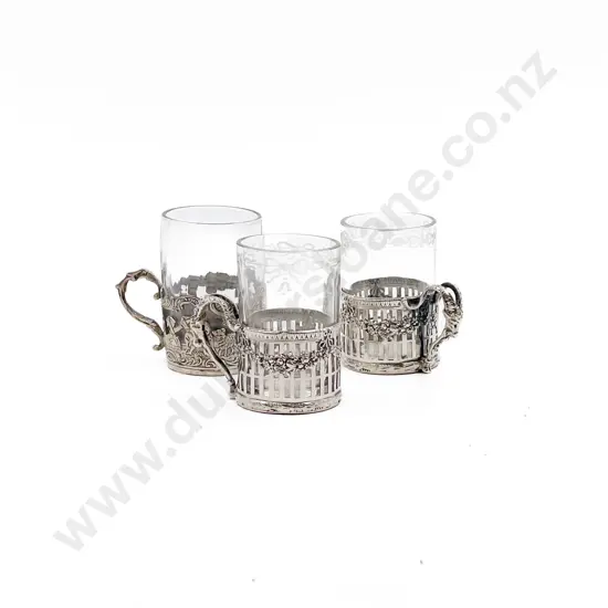 Three Small Sweet Tea Glass Cups With Silver Holders