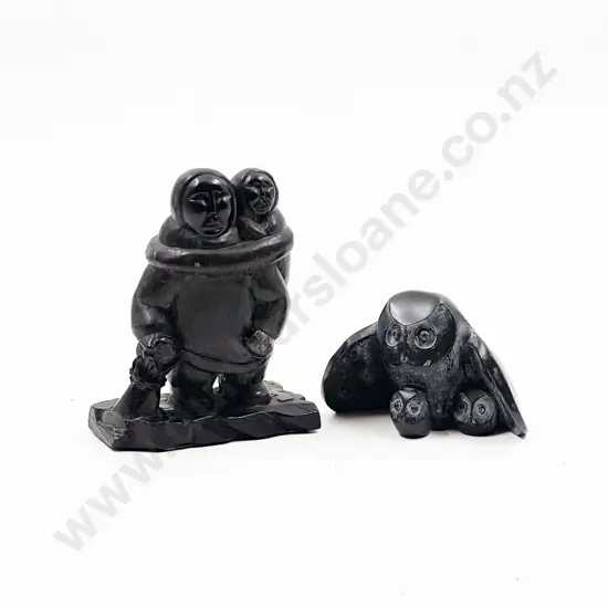 Hardstone Inuit Group Figure together with Hardstone Owl Ornament
