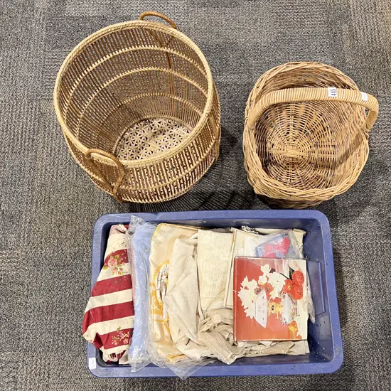 Two Wicker Baskets & Tub of Assorted Linen