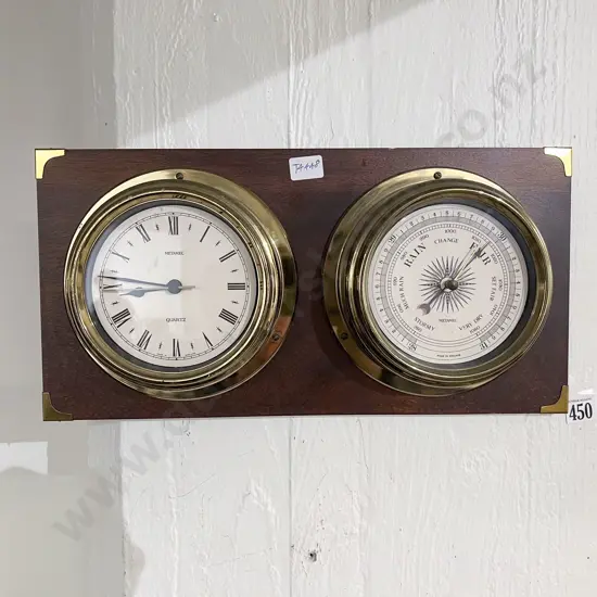 Reproduction Ship's Clock/Barometer on Brass Bound Plaque