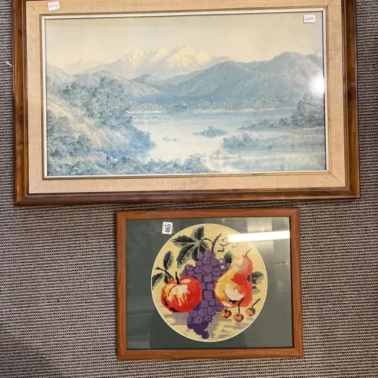 Historical Print together with Still Life Needlepoint