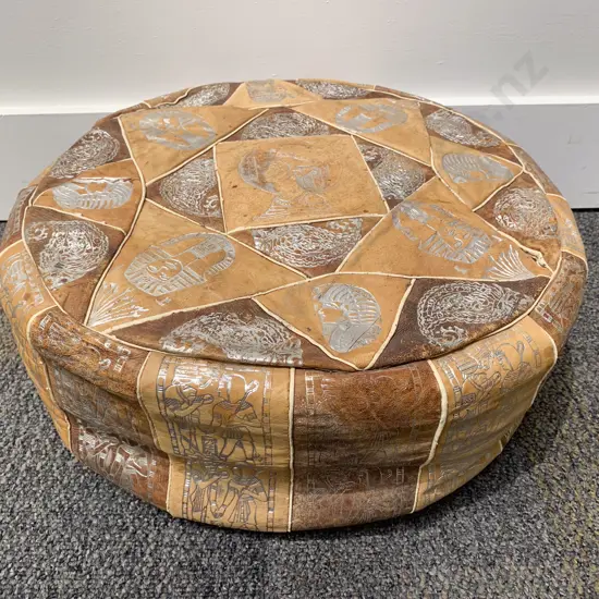 Leather Pouffee With All Over Egyptian Motifs