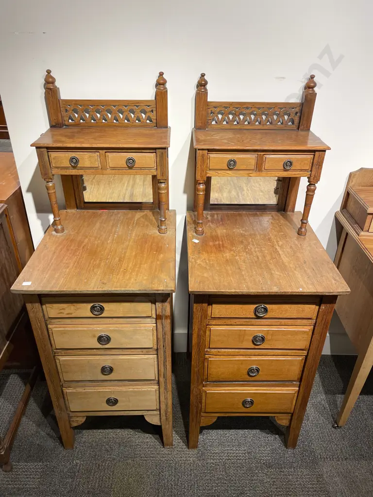 Pair Of Antique Indian Teak 4 Drawer Mirror Back Side Cabinets Image 1++