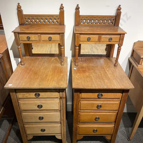 Pair Of Antique Indian Teak 4 Drawer Mirror Back Side Cabinets