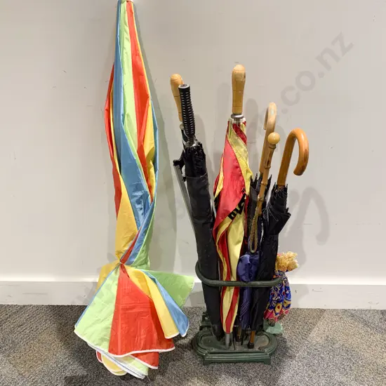 Wrought Metal Stick Stand & Assorted Umbrellas