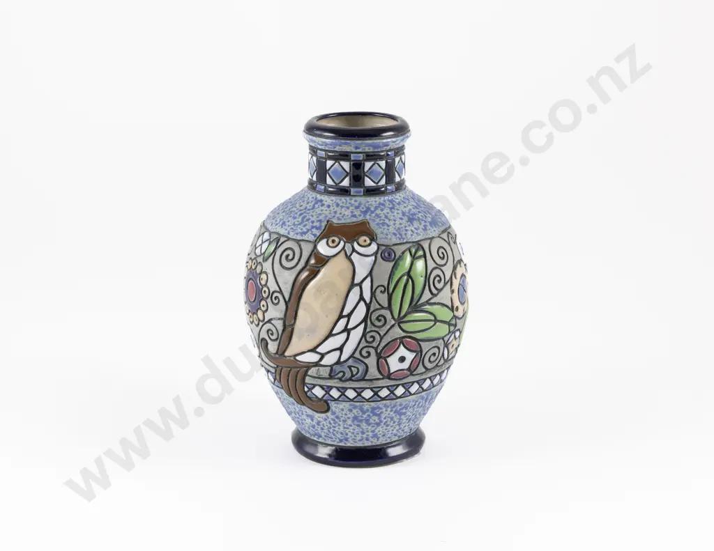 Early C20th Amphora Vase with stylised Owl Decoration Image 1++