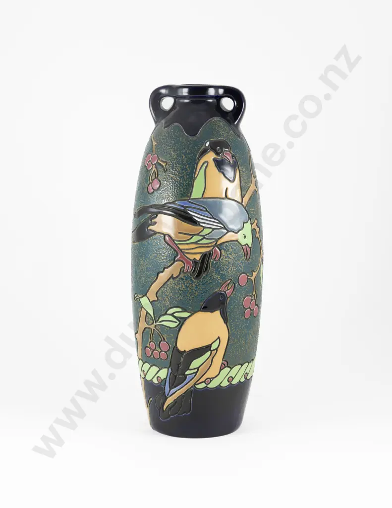 Early C20th Two Handled Amphora Vase with Stylised Birds & Berries Image 1++