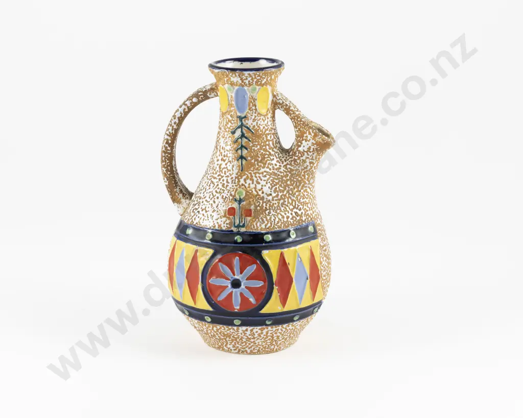 Early C20th Amphora Ceramic Pitcher Vase With Stylised Floral & Diamond Border Image 1++
