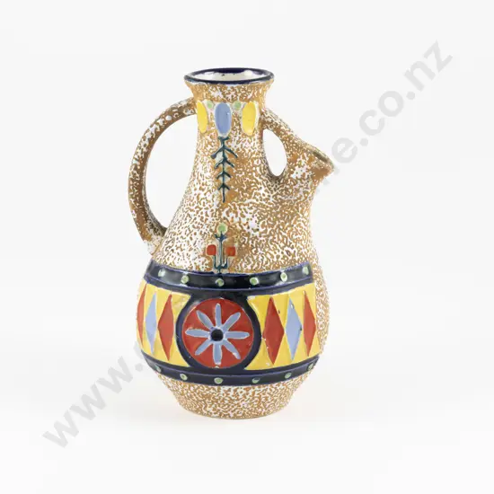 Early C20th Amphora Ceramic Pitcher Vase With Stylised Floral & Diamond Border